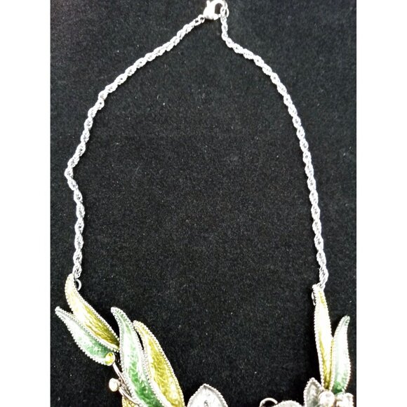 Floral & Butterfly Statement Necklace Rhinestone Accents Green Silver-Tone Metal - Picture 11 of 16